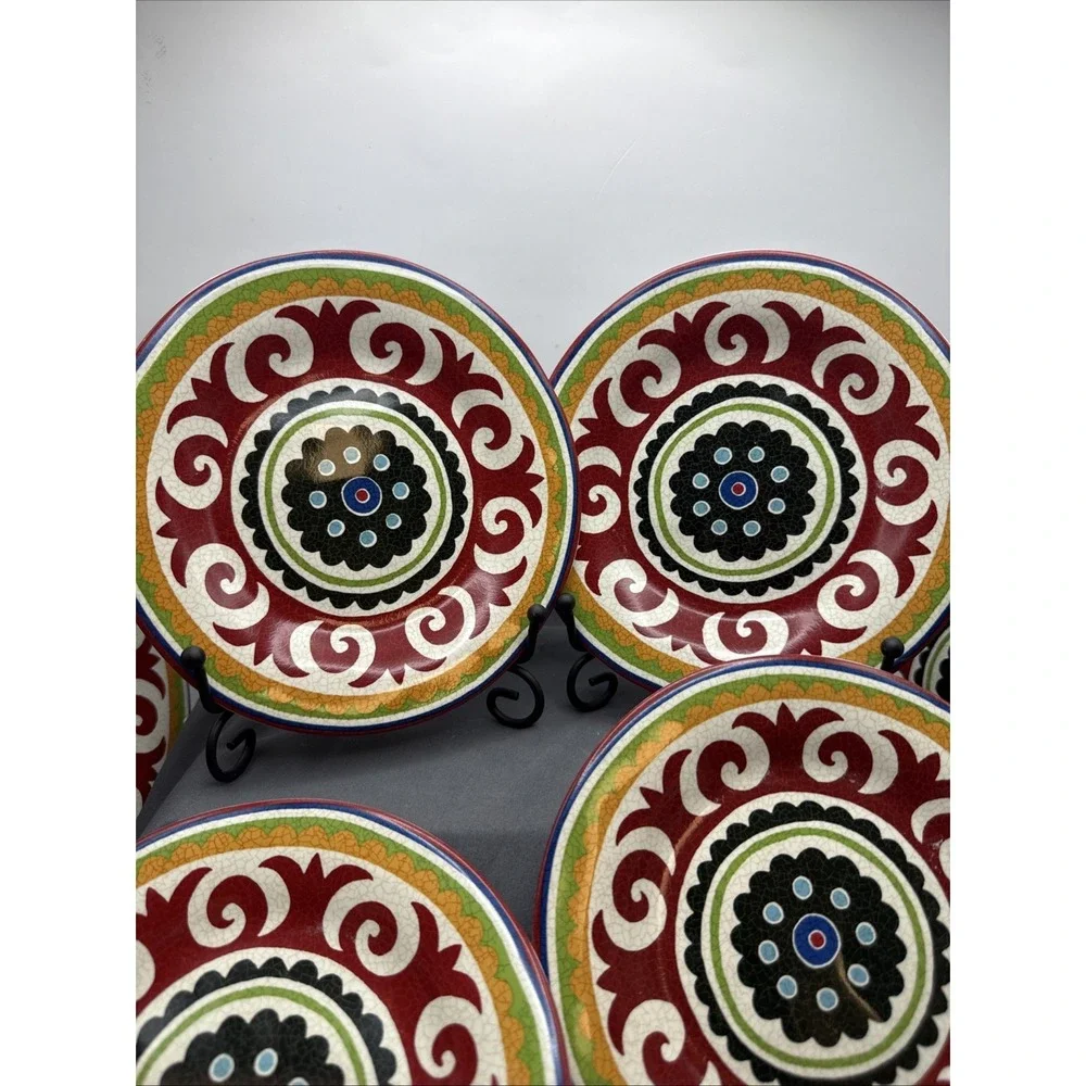 222 Fifth Happy Suzani Small Plate 6.25 Inch Salad Dessert Rd Gr Bl Ye Set Of 8